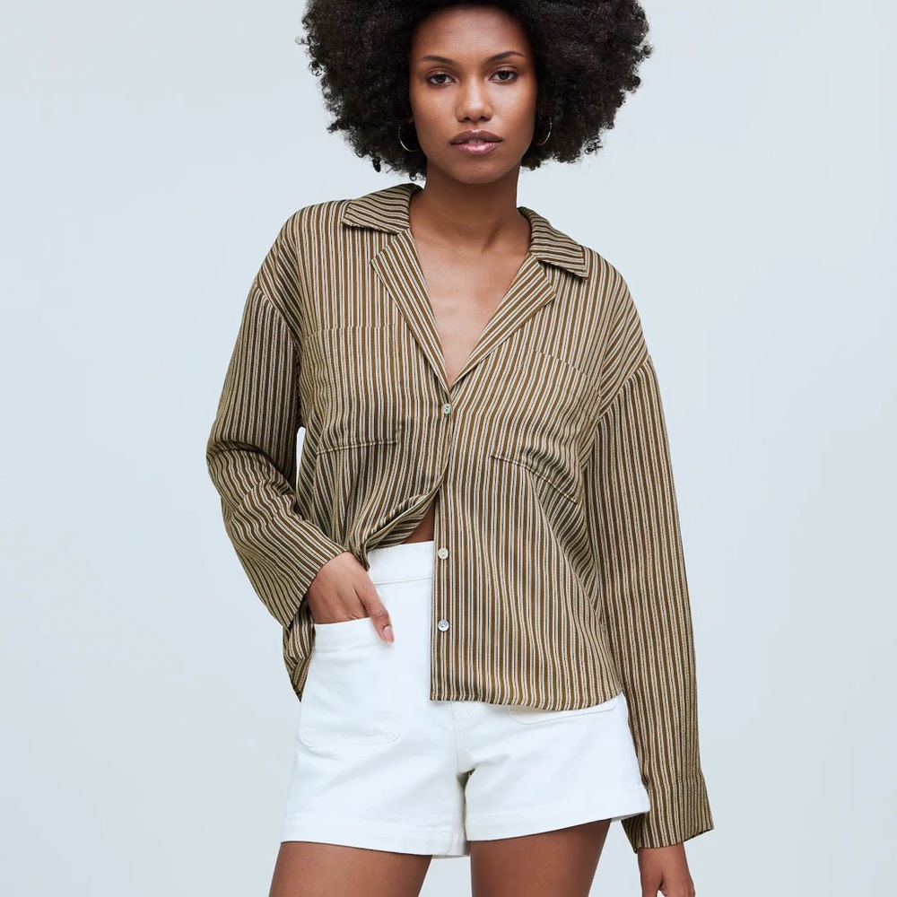 Madewell Striped Brown and Black Button-Up Top